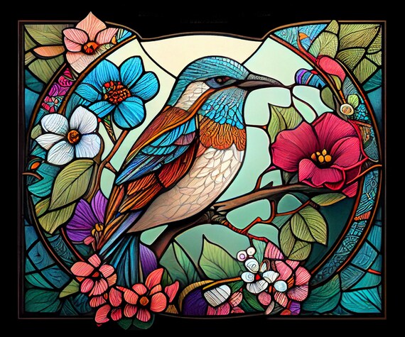 Colorful bird stained glass pattern print download digital art files x dpi birds and tree stained glass art print coloring page