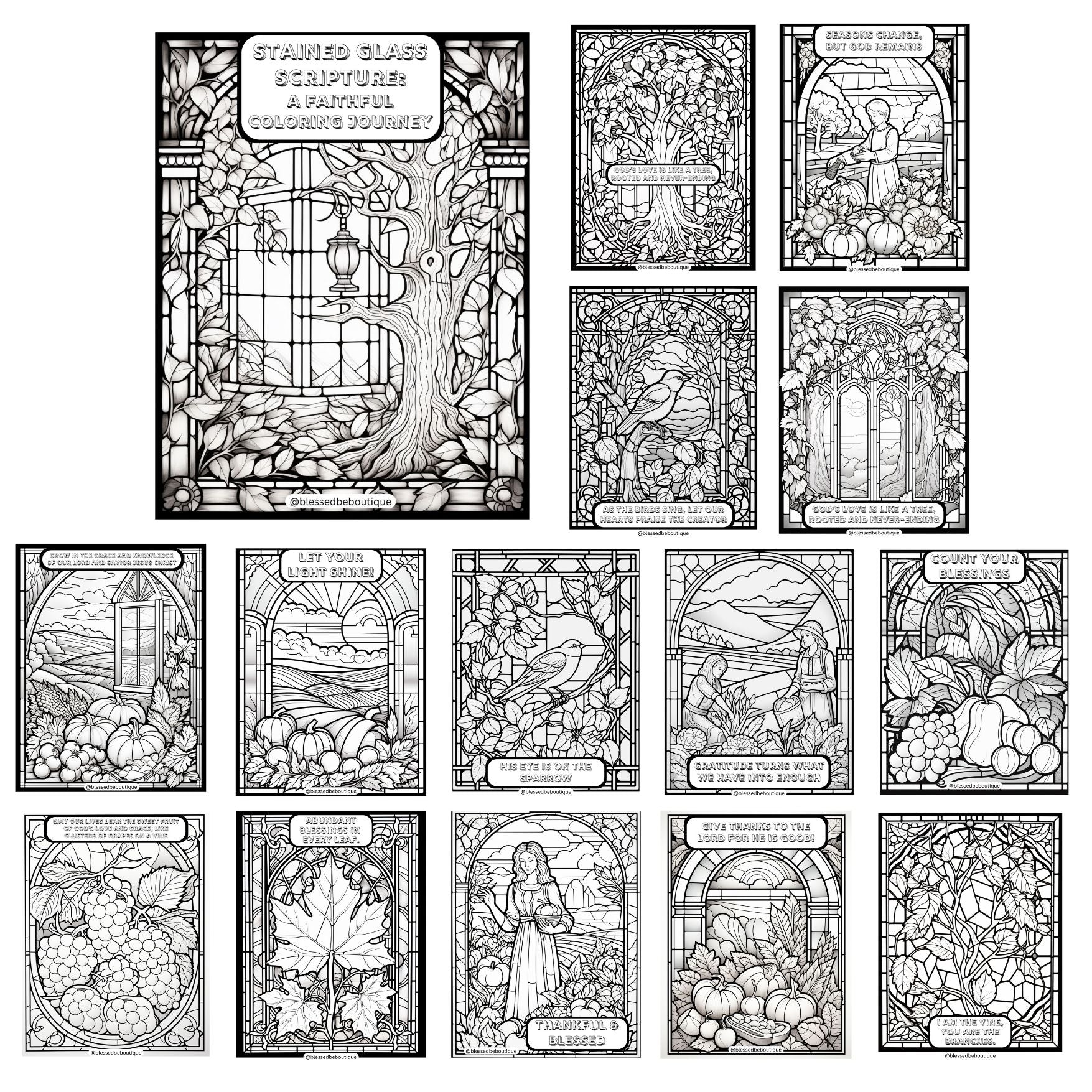 Fall stained glass coloring pages digital download â blessed be boutique