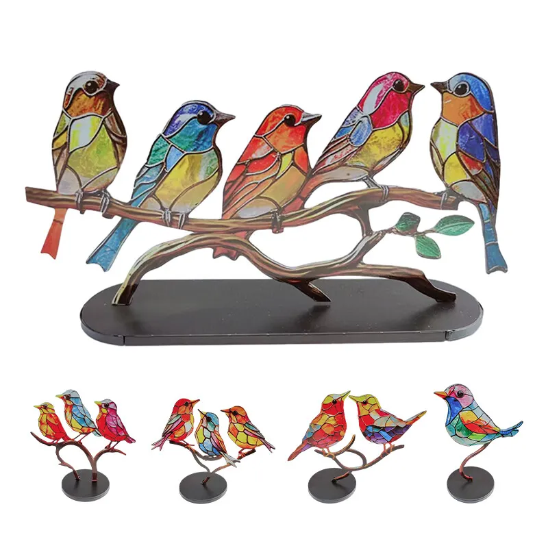 Stained glass birds on branch desktop ornaments double sided multicolor style