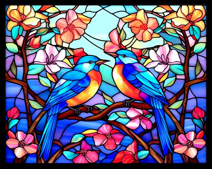 Blue bird stained glass pattern print download digital art adjustable x dpi birds coloring book sheet