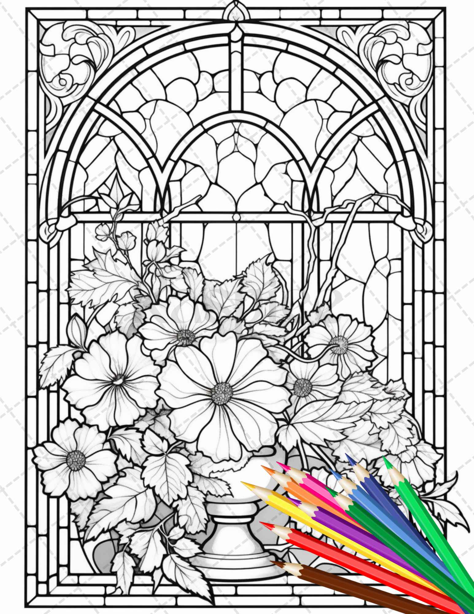 Stained glass flowers grayscale coloring pages printable for adults â coloring