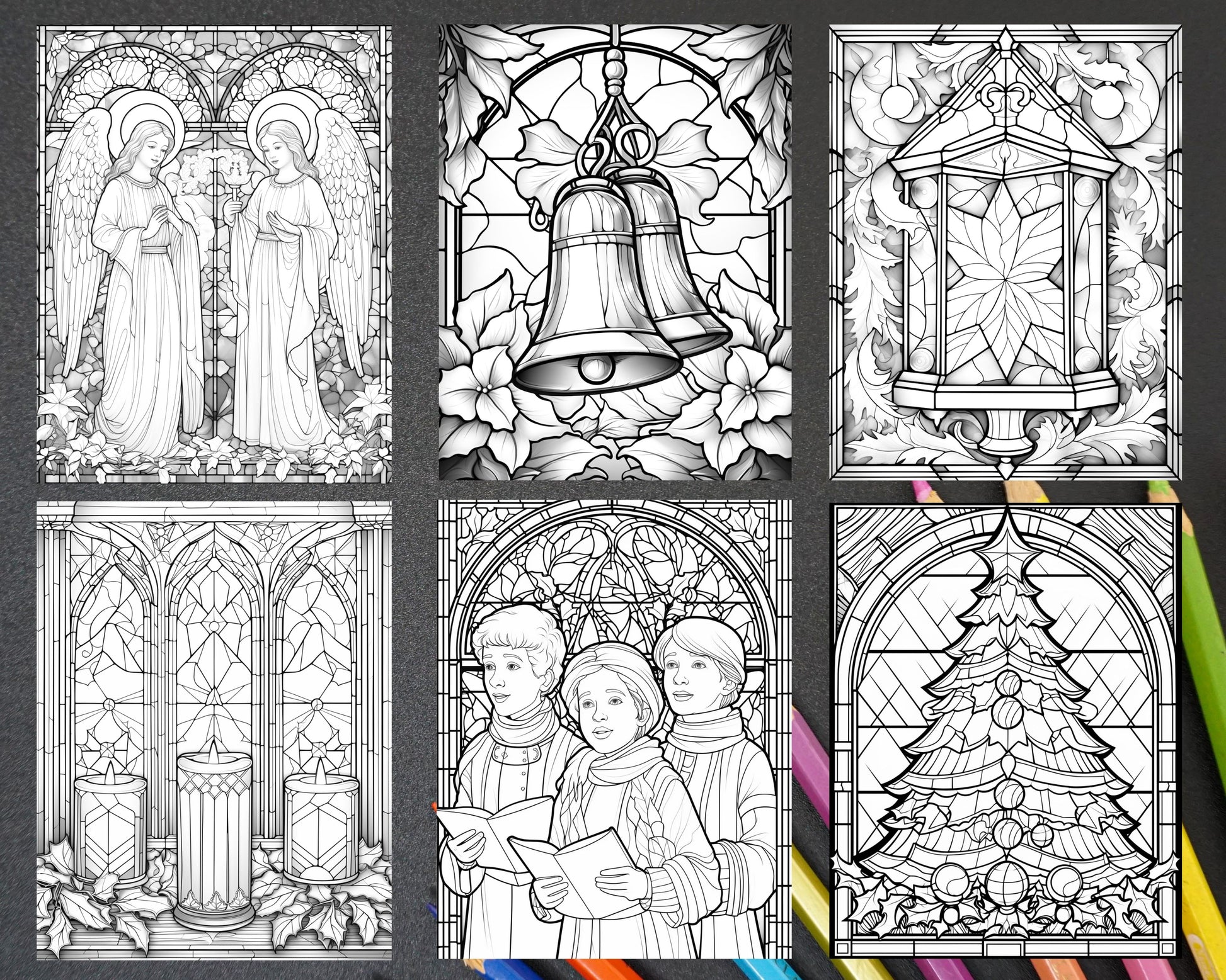 Christmas stained glass grayscale coloring pages for adults printa â coloring