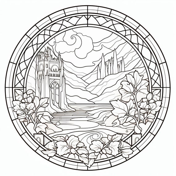 Stained glass adult coloring pages printable instant digital downloads