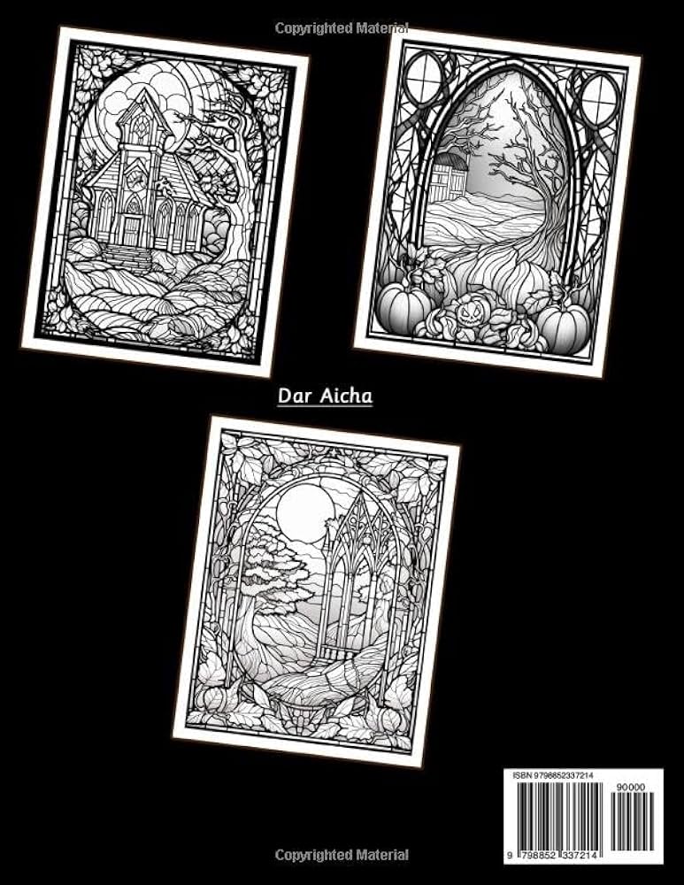 Stained glass landscape adult coloring pages featuring halloween designs for relaxation and stress relief