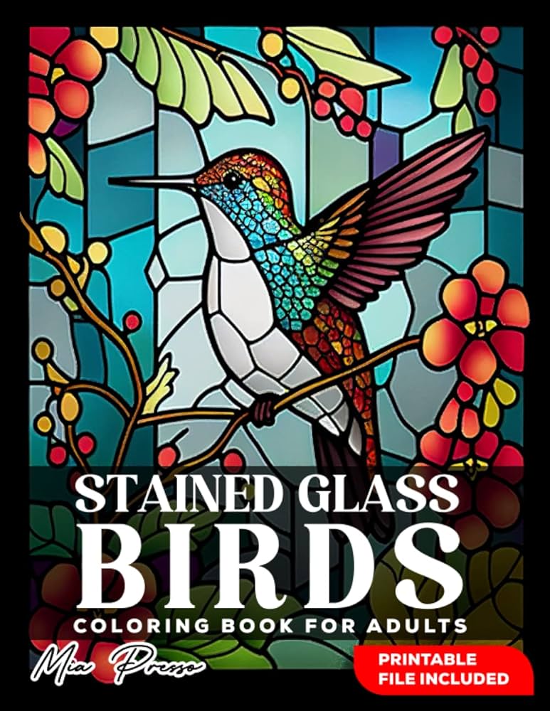 Stained glass birds coloring book for adults stained glass birds windows patterns adults coloring book for relaxation stress relief meditation hummingbird gifts flamingo gifts presso mia books