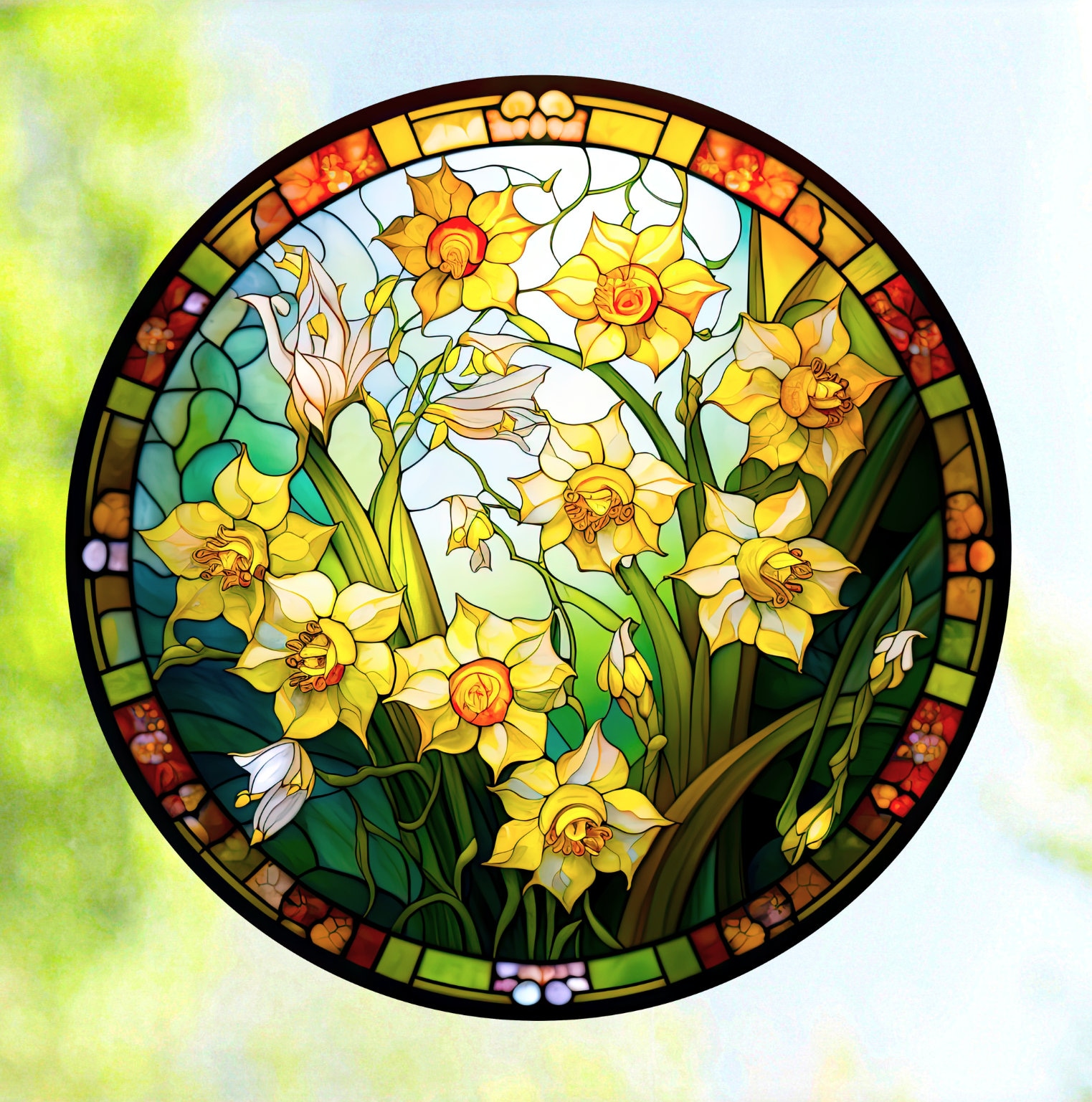 Daffodil window cling faux stained glass march birth month flowers suncatcher size round repositionable vinyl