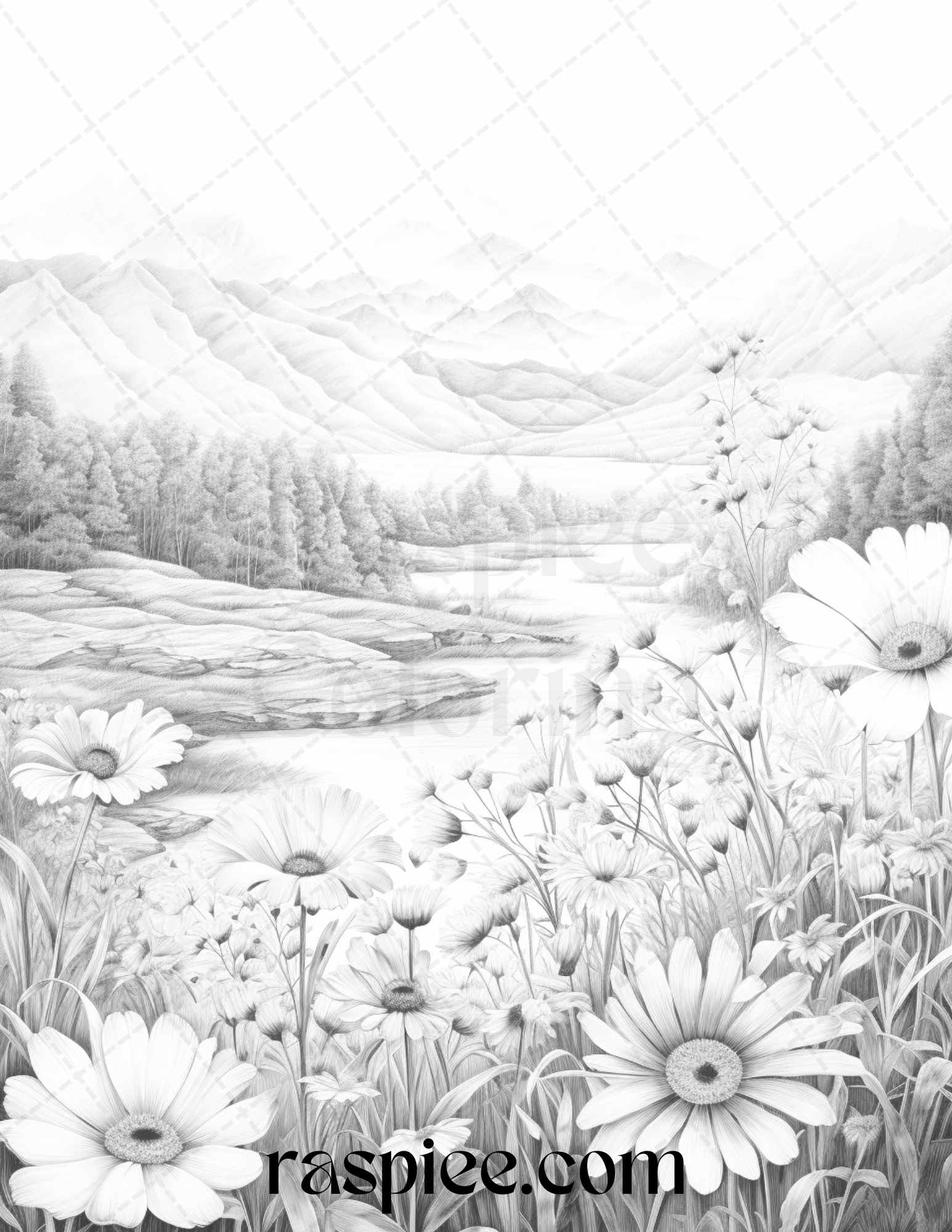 Mountain flower landscapes grayscale coloring pages printable for a â coloring