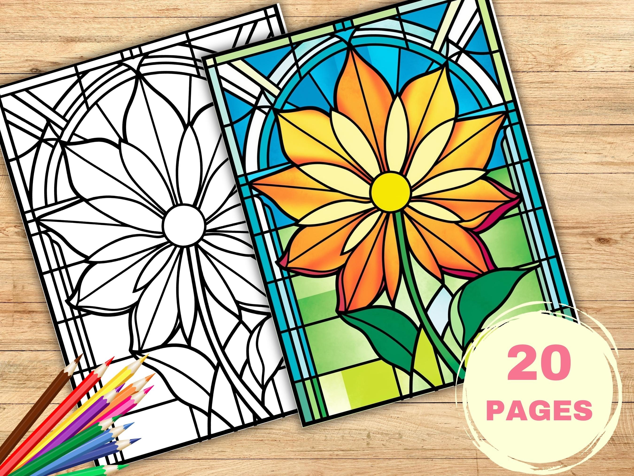 Daisy stained glass pattern coloring page printable pages pdf jpeg png daisy flower mosaic glass art instant download