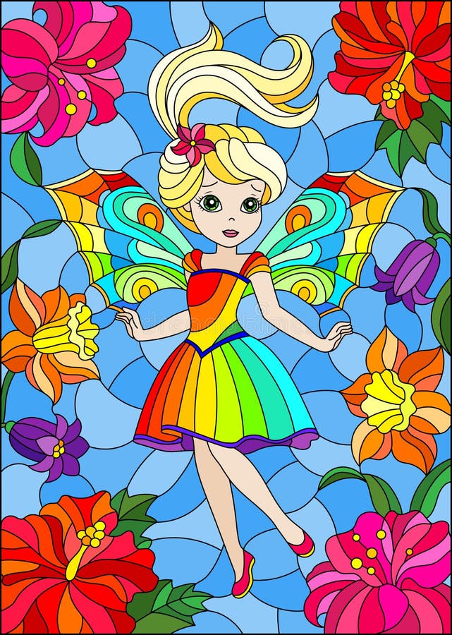 Stained glass illustration with cute cartoon fairy in a bright rainbow dress on the background of flowers and sky stock vector