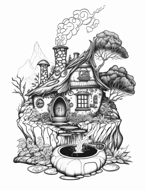 Magical fairy house free coloring page for adults