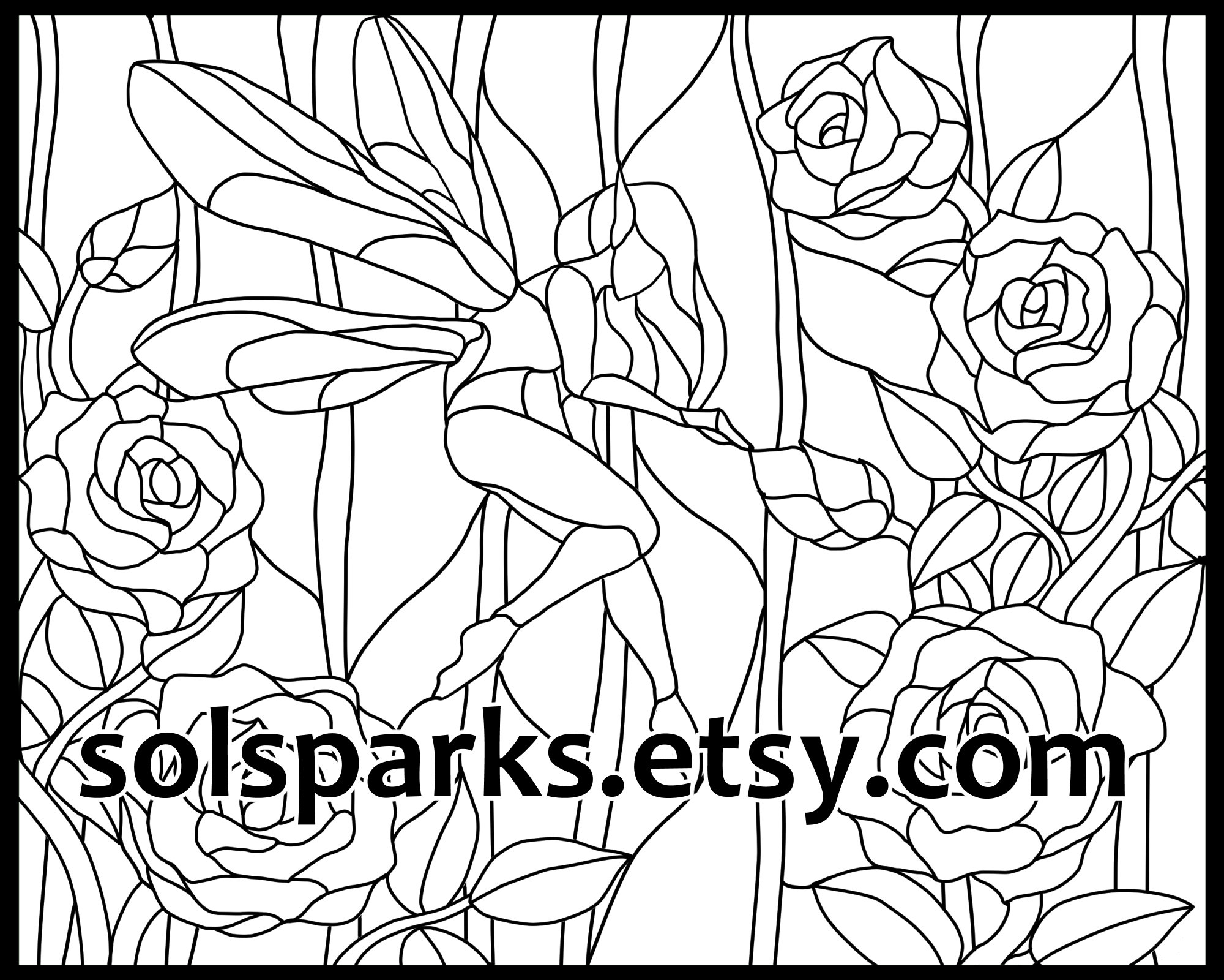 Fairy and roses printable stained glass pattern colouring book page for adults or kids prints x image on x paper