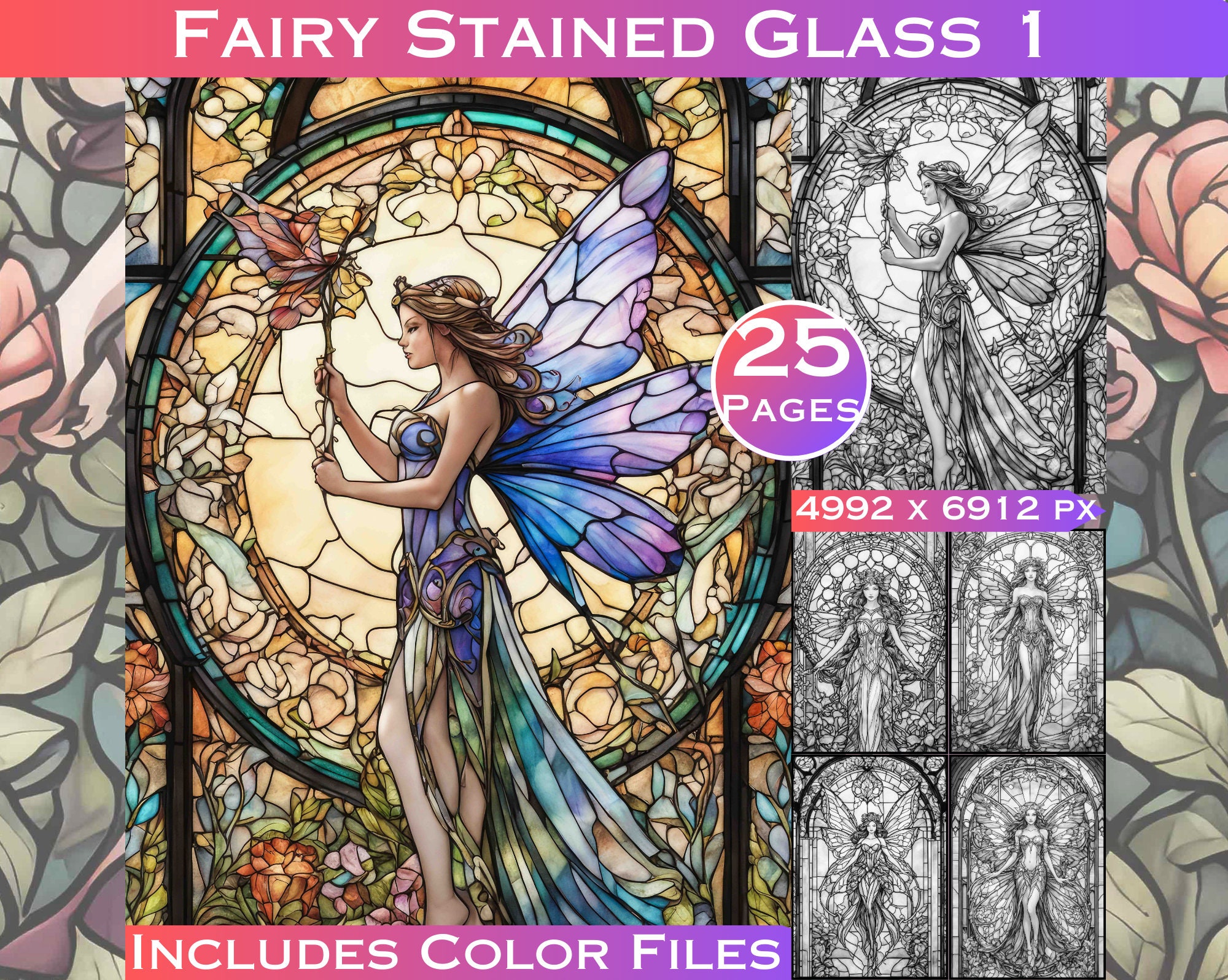 Stained glass fairies grayscale coloring book set adult coloring pages grayscale pages from largedigitalprints mercial use products