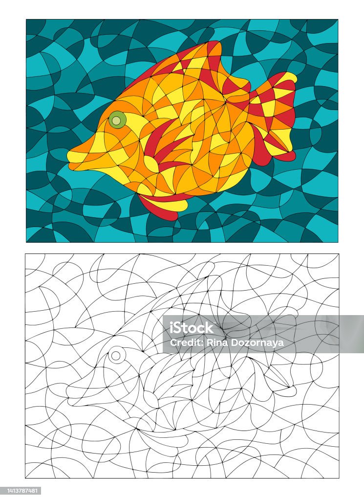 Black and white and colored illustration in stained glass style with abstract fish image for coloring book and coloring page stock illustration