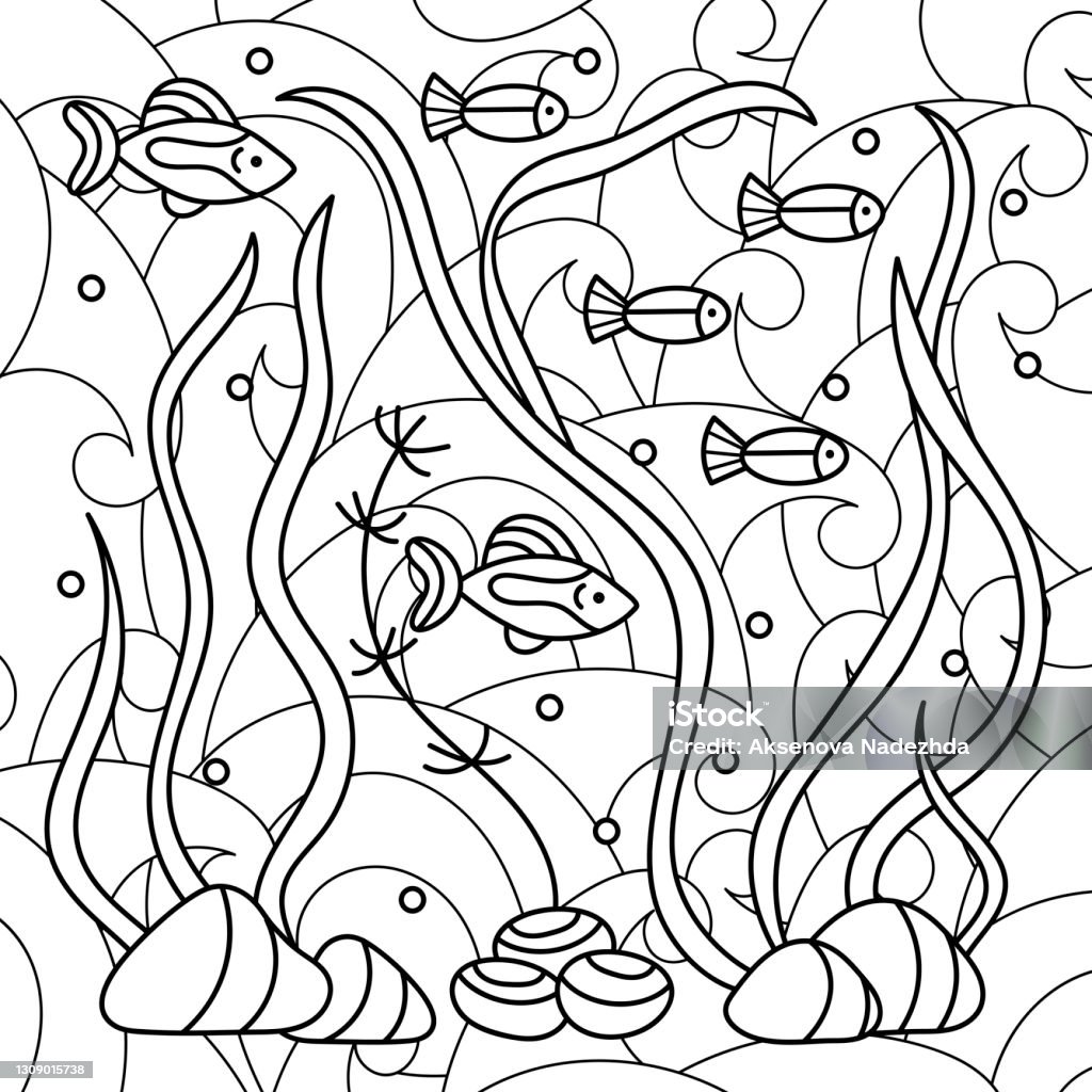 Coloring book for adults underwater hand drawn marine vector motif fish shells and corals seaweed and waves stock illustration
