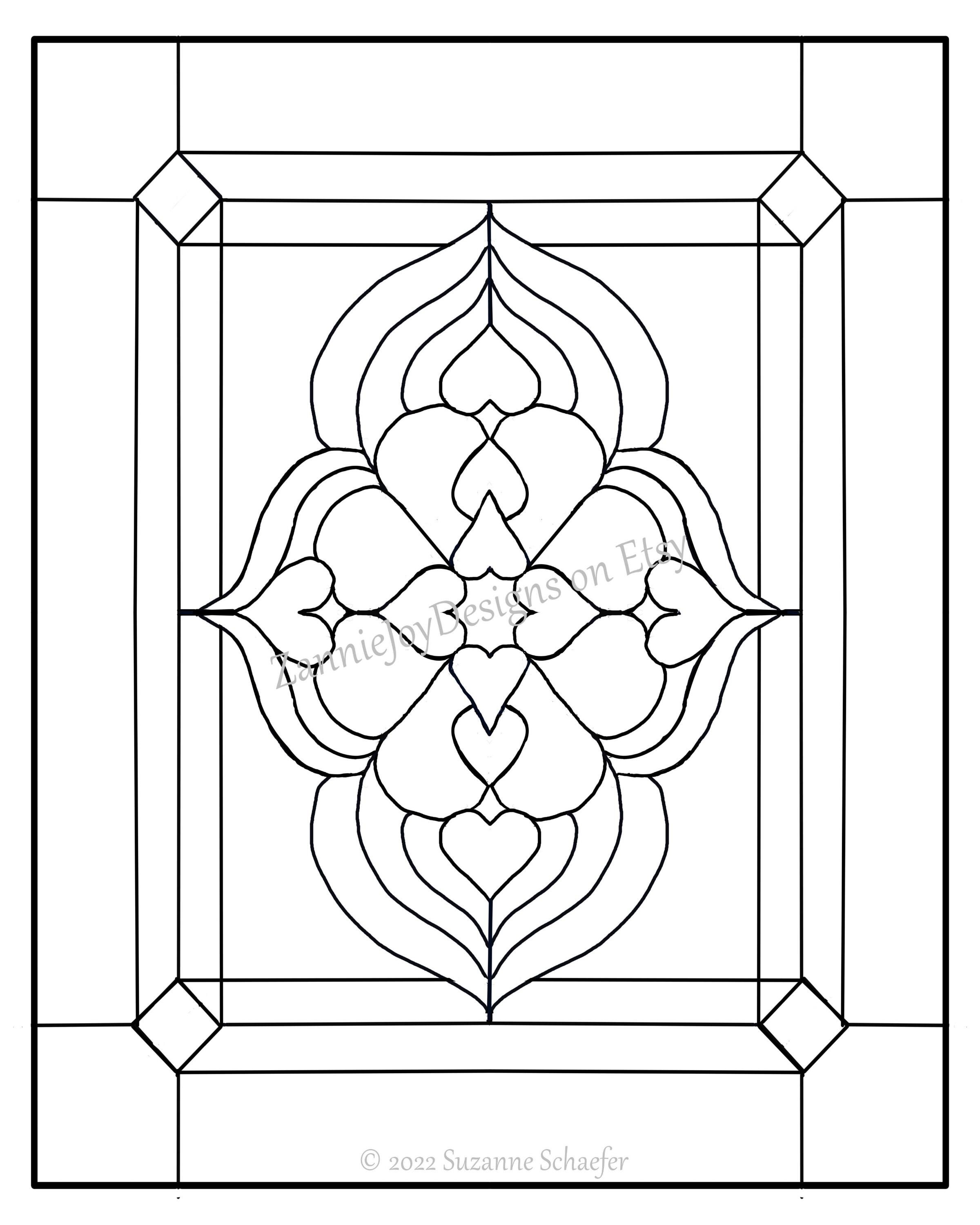 Hearts stained glass pattern instant download line art coloring page printable pattern pdf download