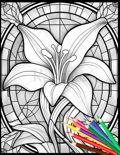 Stained glass flowers grayscale coloring pages printable for adults â coloring