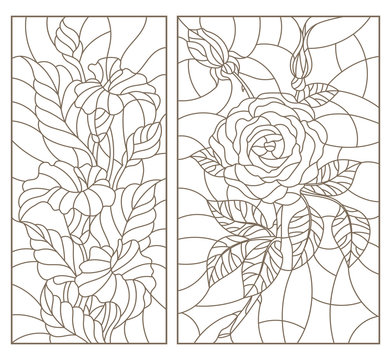 Set contour illustrations in the stained glass style with floral pattern of roses and calla lilies dark outline on a white background vector