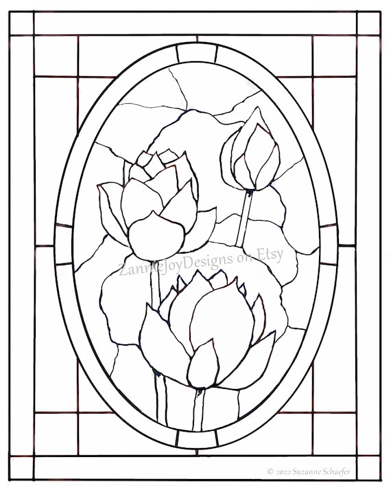 Stained glass lotus flower pattern instant download printable lotus flowers downloadable pdf water lily print coloring page