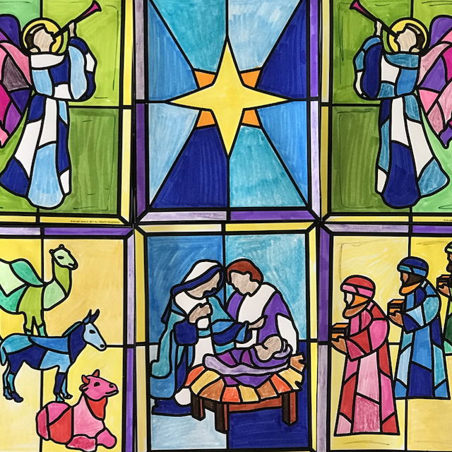 Stained glass christian christmas nativity scene coloring pages