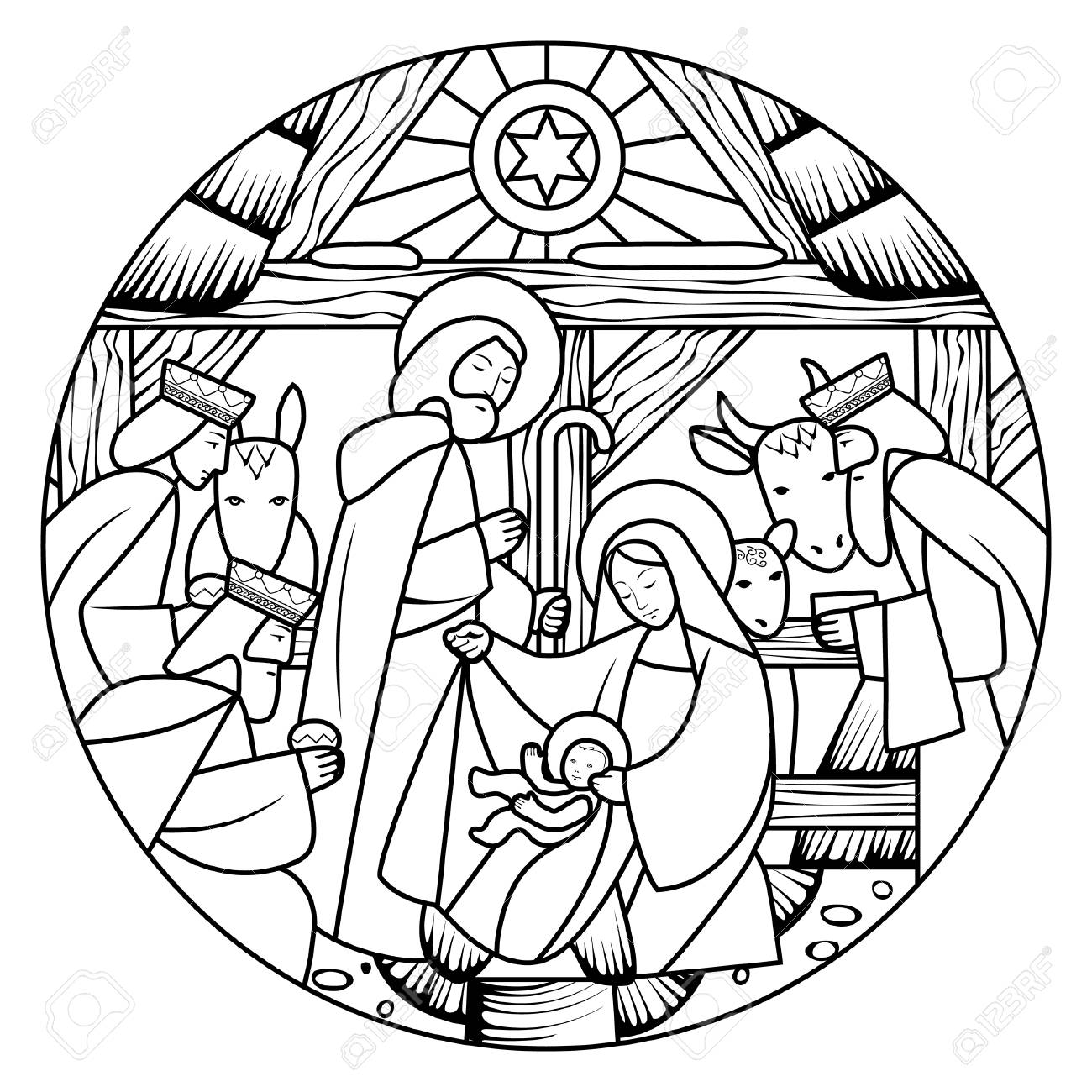 Birth of jesus christ scene in circle shape linear drawing for coloring book vector illustration royalty free svg cliparts vectors and stock illustration image
