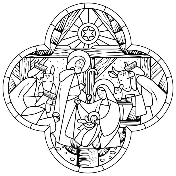 Linear drawing of birth of jesus christ scene in cross shape stock illustration