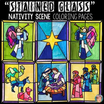 Stained glass christian christmas nativity scene coloring pages