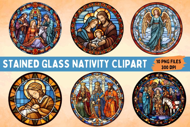 Stained glass christmas nativity clipart bundle png files