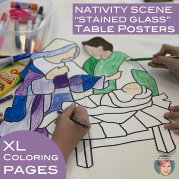 Christian christmas nativity scene stained glass extra large coloring sheets