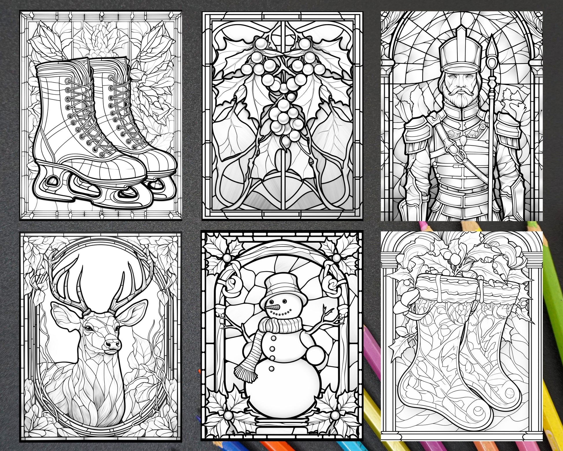 Christmas stained glass grayscale coloring pages for adults printa â coloring