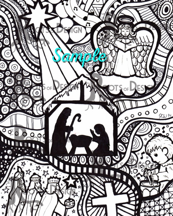 Instant download printable christmas zentangle inspired nativity scene coloring page or print christmas coloring page