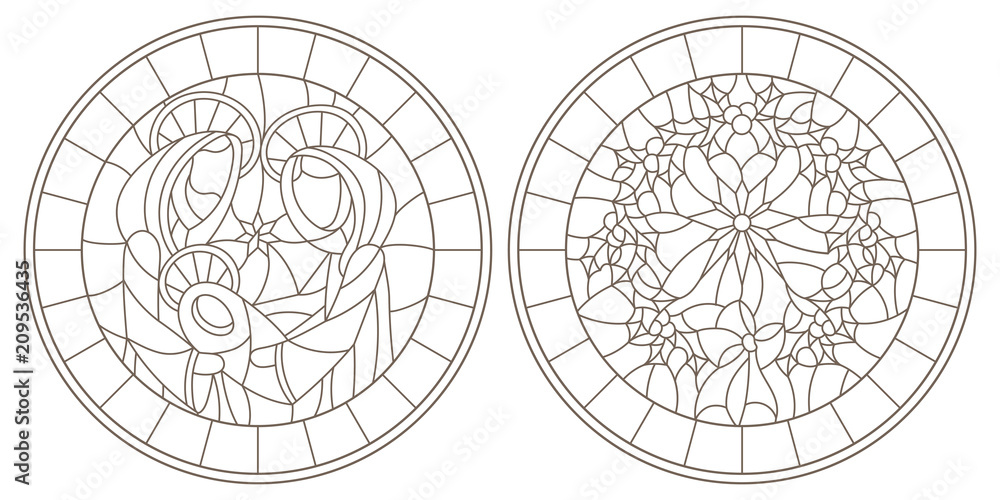 Set of contour illustrations of stained glass windows on biblical theme jesus baby with mary and joseph and christmas wreath with holly dark outlines on white backgroundround image in frame vector