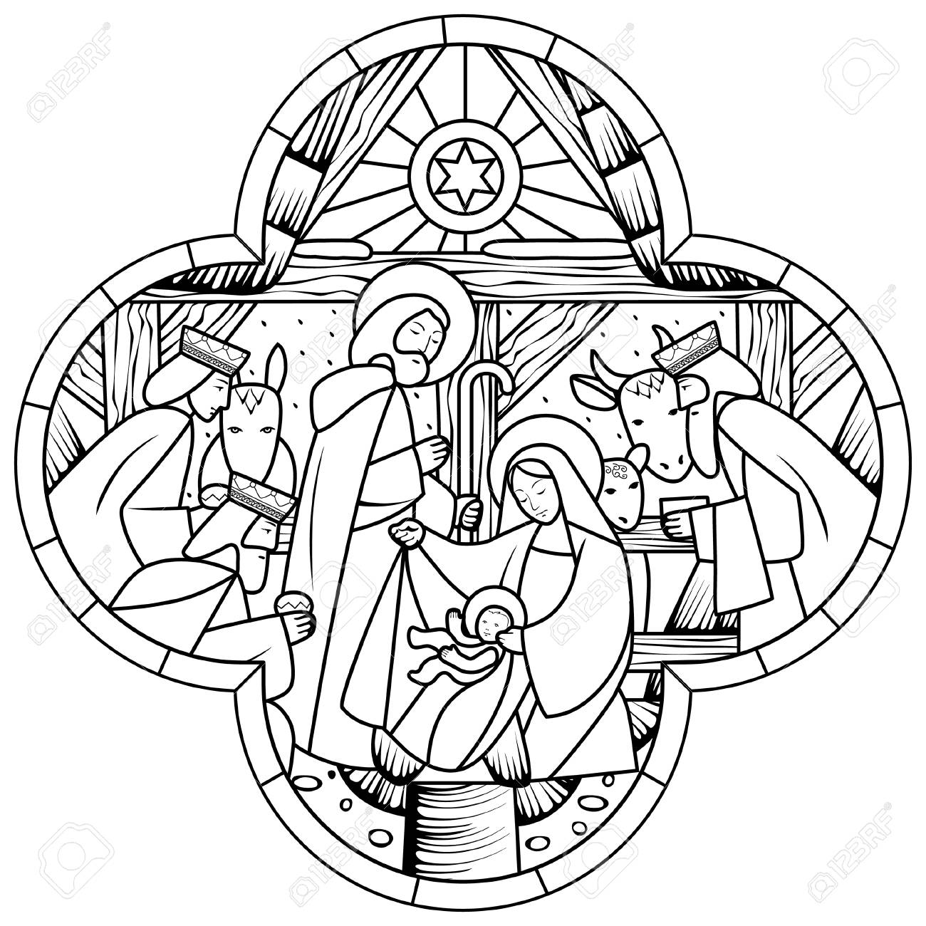 Birth of jesus christ scene in cross shape linear drawing for coloring book vector illustration royalty free svg cliparts vectors and stock illustration image