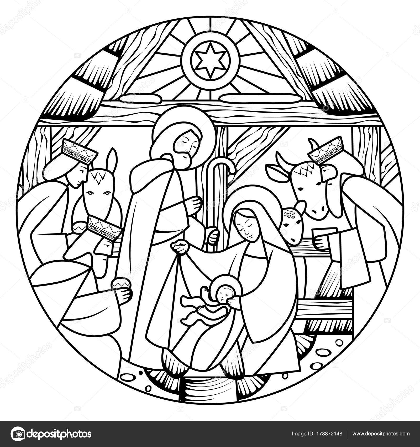 Linear drawing of birth of jesus christ scene in circle shape stock vector by maystra