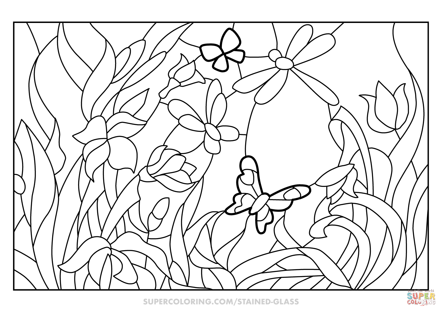 Flower garden stained glass coloring page free printable coloring pages