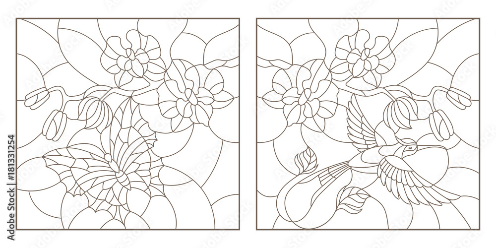 Set contour illustrations of stained glass with a sprig of orchids a butterfly and a hummingbird a dark outline on a white background vector