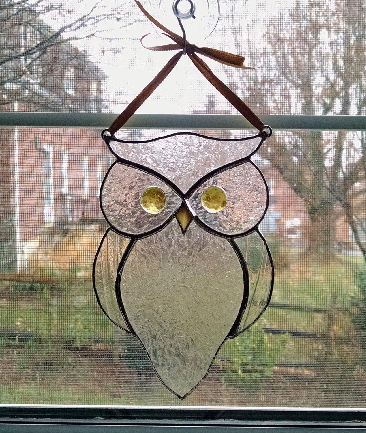 Stained glass owl suncatcher horned owl garden art owl ornament stained glass your way