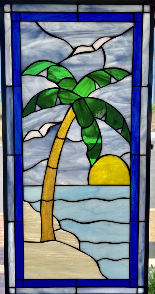 Palm tree sun seagulls leaded stained glass window panel