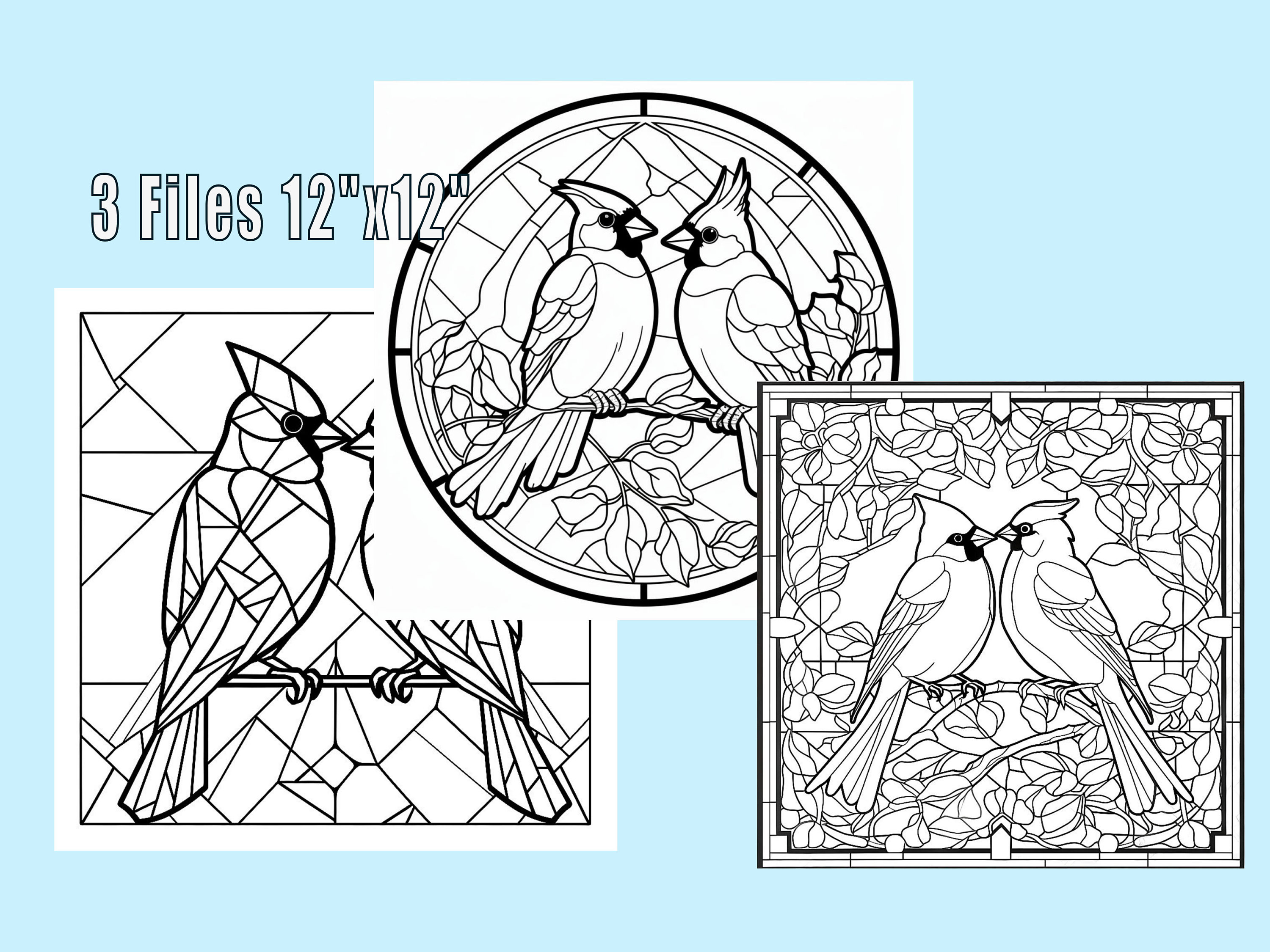 Cardinals stained glass style coloring book sheets download digital art files x dpi bird stained glass art design