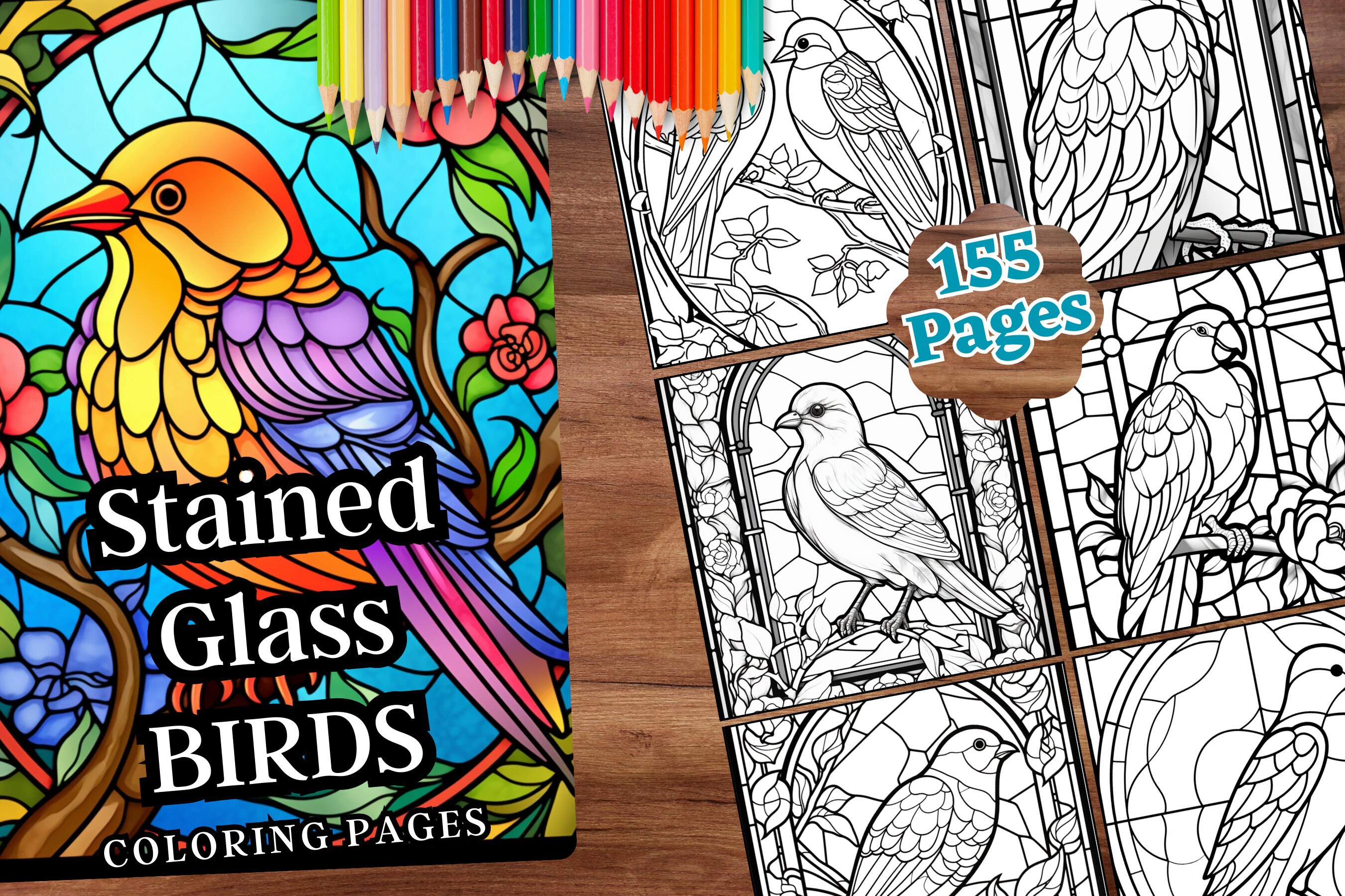 Stained glass birds coloring book adults instant download