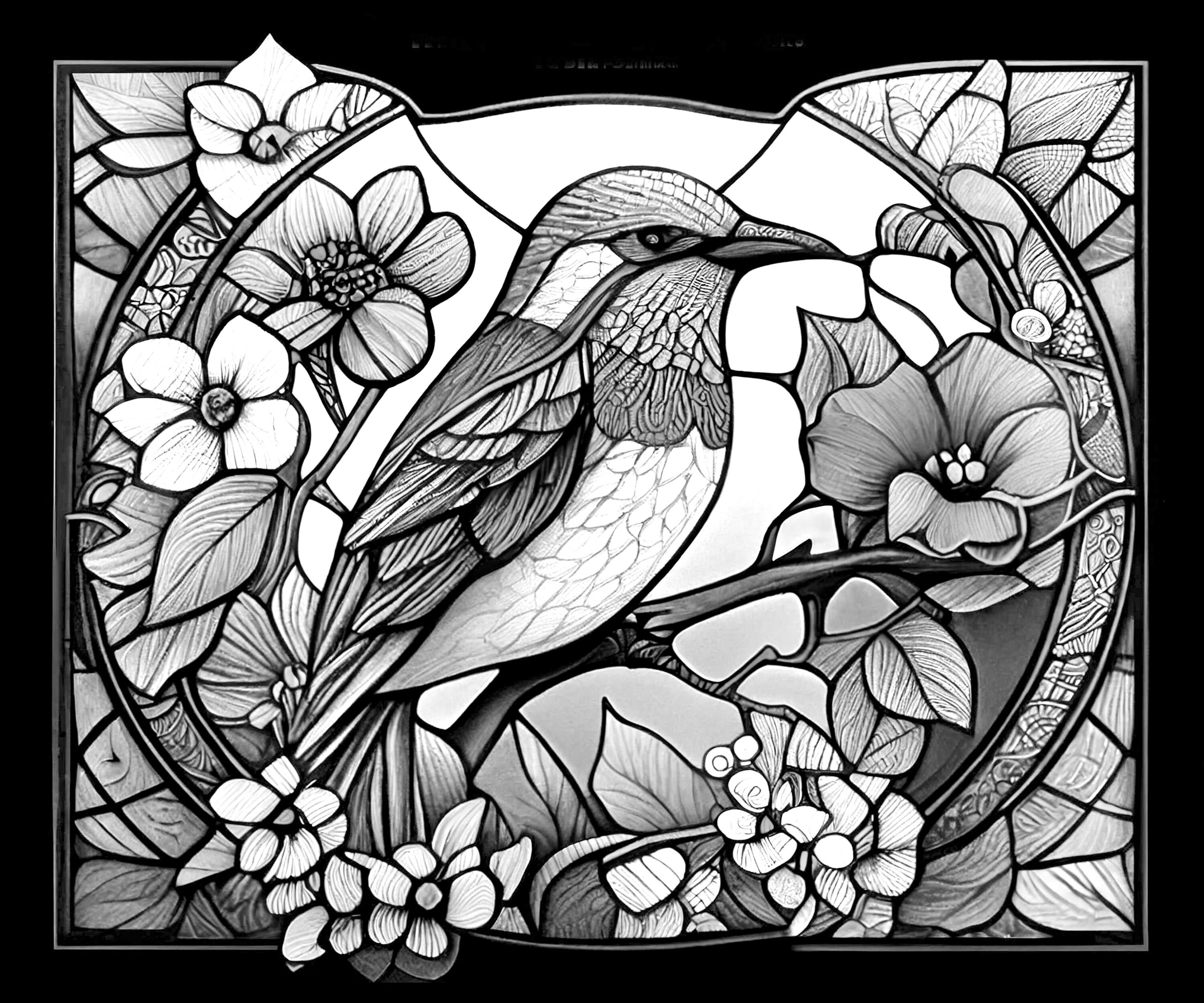 Colorful bird stained glass pattern print download digital art files x dpi birds and tree stained glass art print coloring page