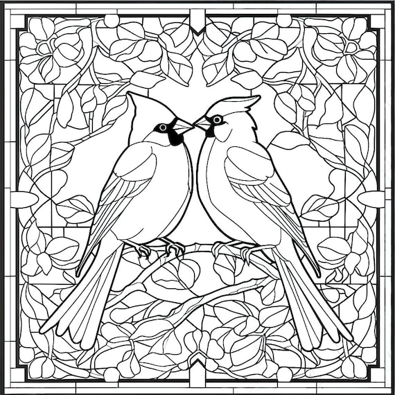 Cardinals stained glass style coloring book sheets download digital art files x dpi bird stained glass art design