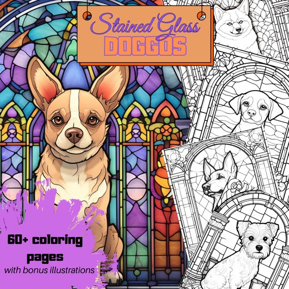 Stained glass window with cute dogs coloring pages digital printable instant download