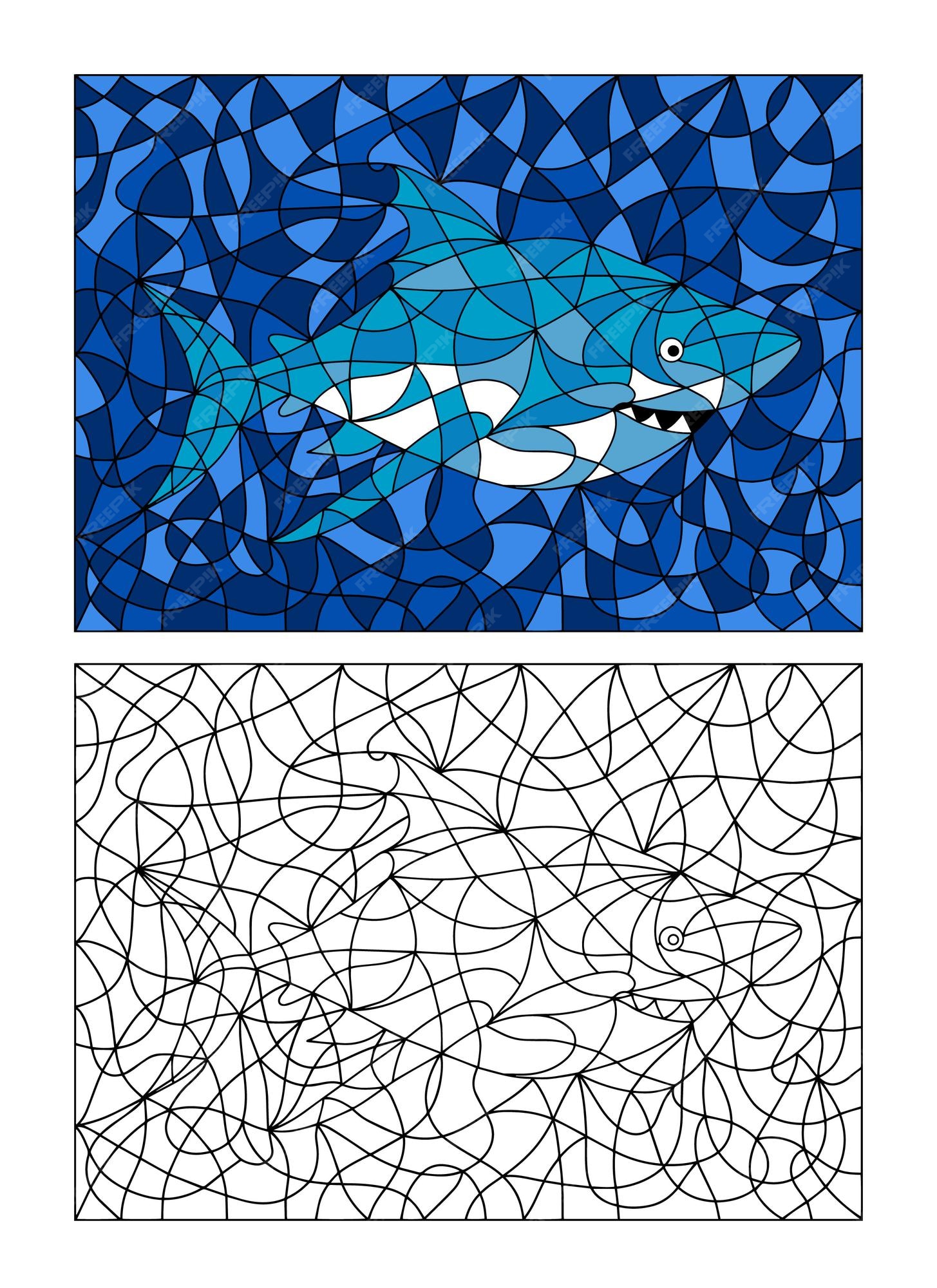 Premium vector black and white and colored illustration in stained glass style with abstract shark fish image for coloring book coloring page print batik and window