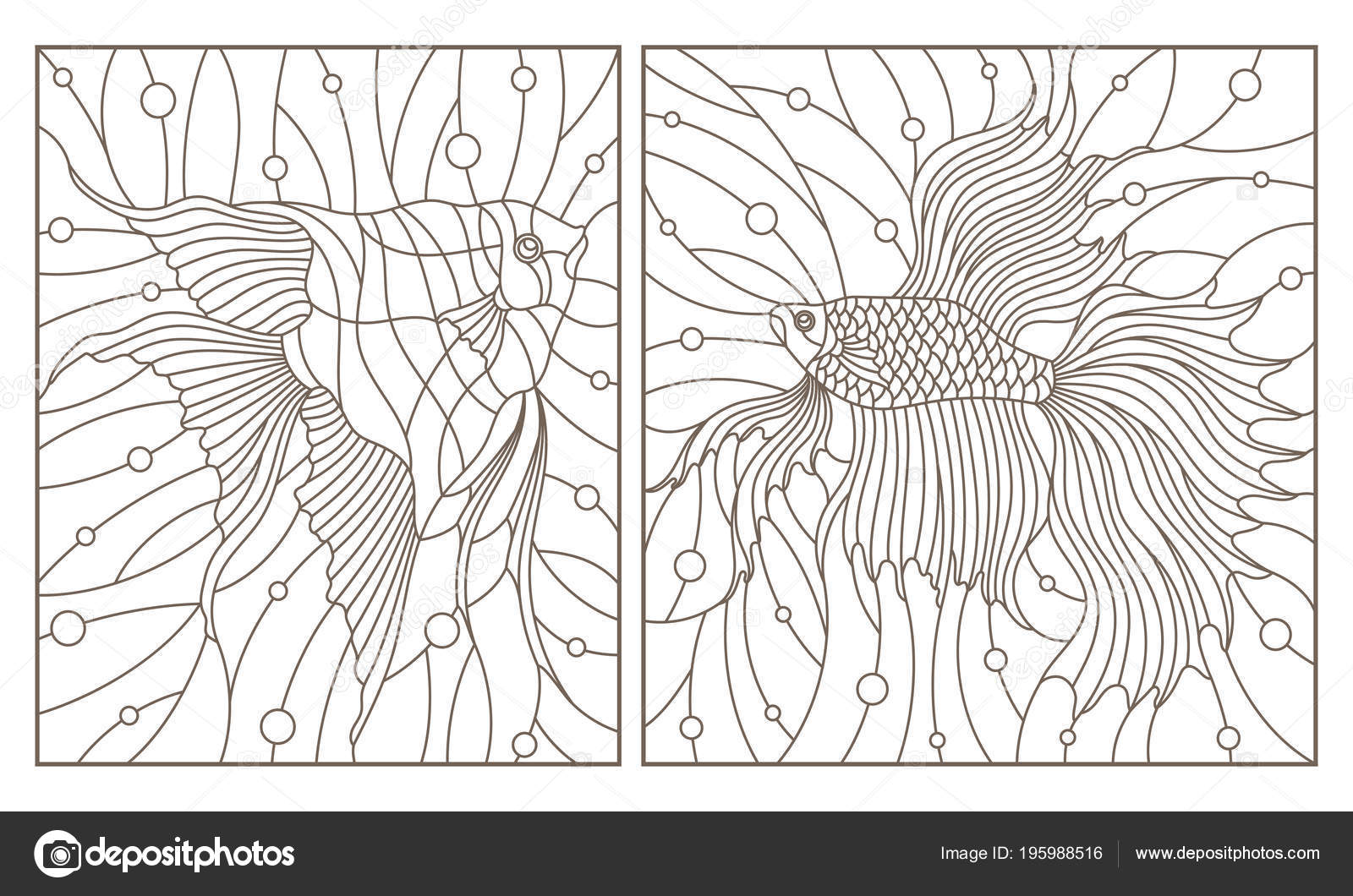 Set contour illustrations stained glass style aquarium fish fish cock stock vector by zagory