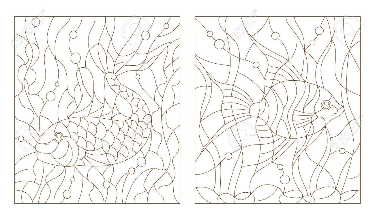 Set contour illustrations of stained glass with aquarium fish the goldfish and scalars royalty free svg cliparts vectors and stock illustration image