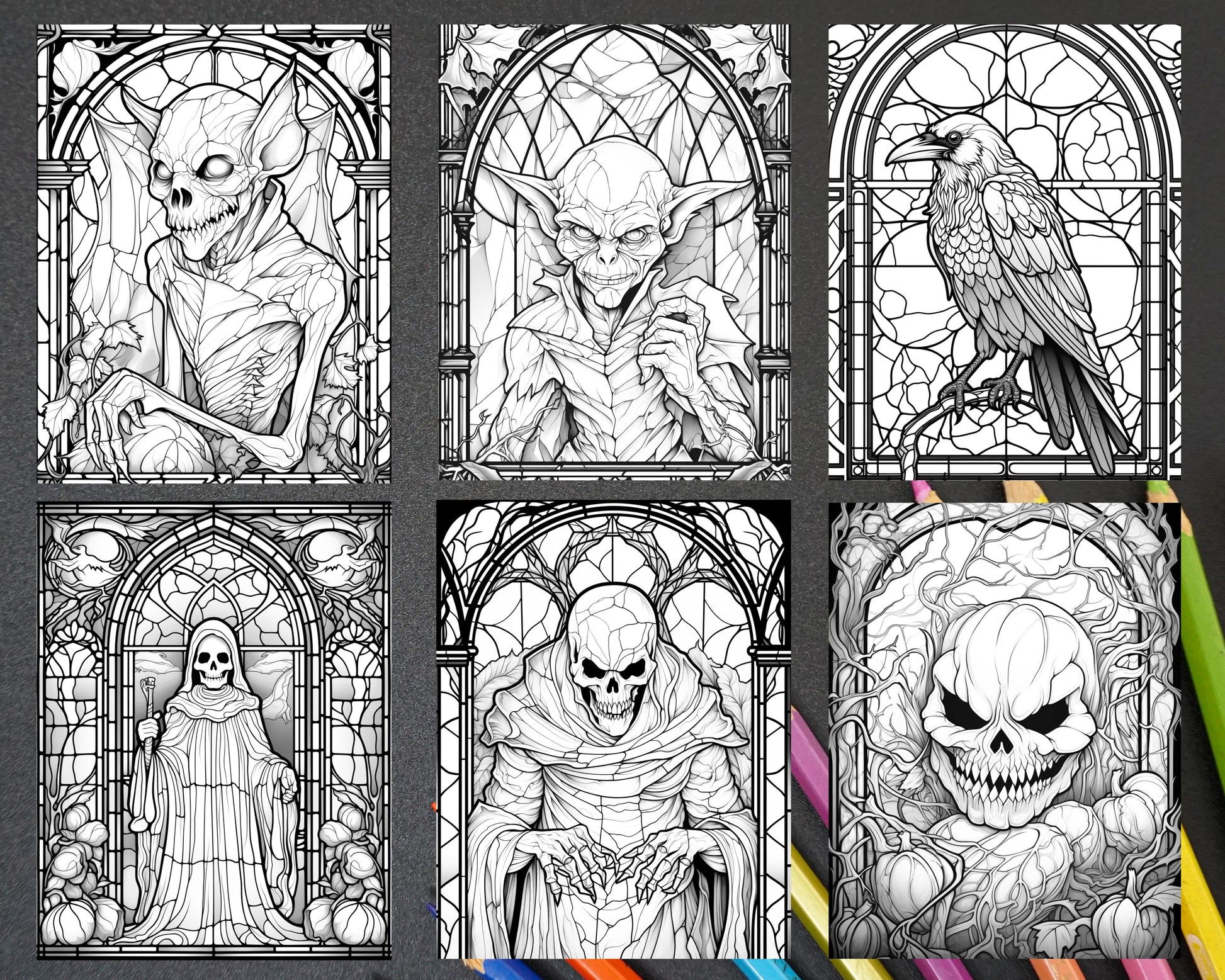 Halloween stained glass grayscale coloring pages printable for adul â coloring