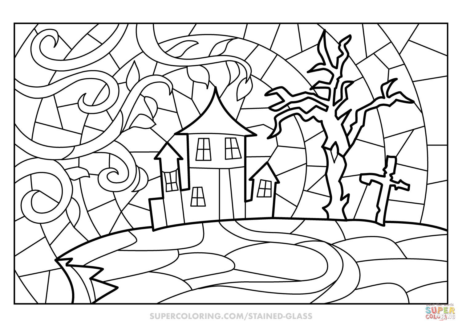 Halloween haunted house scene stained glass coloring page free printable coloring pages