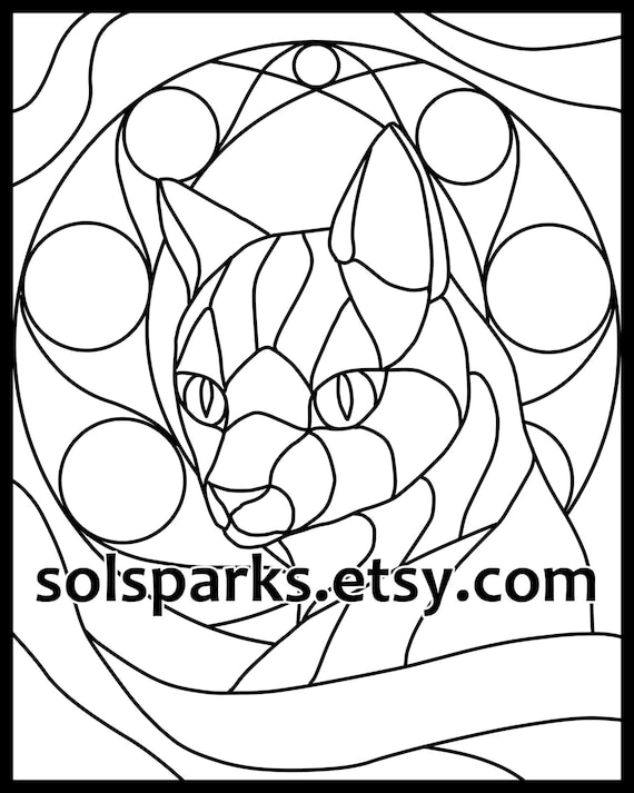 Printable halloween full moon cat stained glass pattern or coloring page pdf for kids and adults prints x on x page