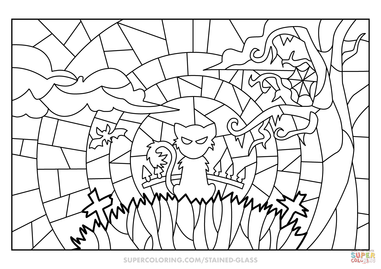 Halloween scene stained glass coloring page free printable coloring pages