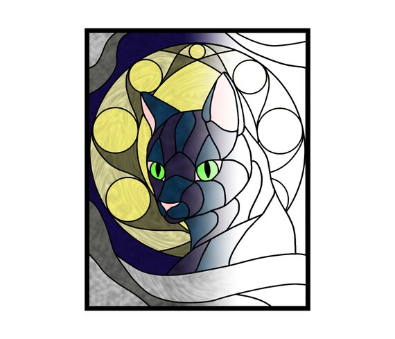 Printable halloween full moon cat stained glass pattern or coloring page pdf for kids and adults prints x on x page